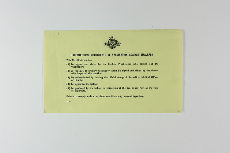 Vaccination Notice - Smallpox, R.J. Atkin, Commonwealth of Australia 1966