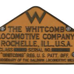 Locomotive Builders Plate - Whitcomb Locomotive Co., Rochelle, Illinois