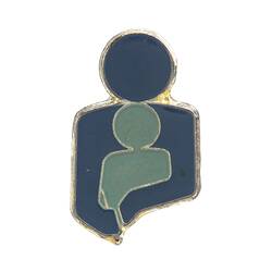 Light blue badge with silhouette of child's head and shoulders in the arms of a dark blue silhouette of adult'