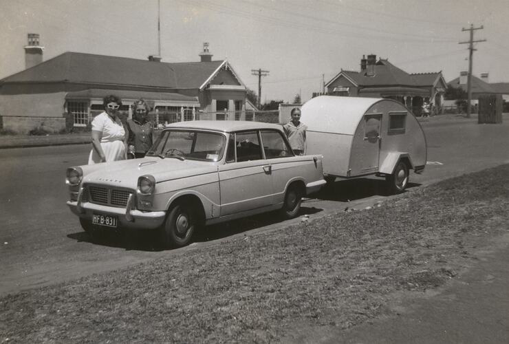 Lucy and Hazel Hathaway with their new Toyota and Caravanet, Warrnambool, circa 1960