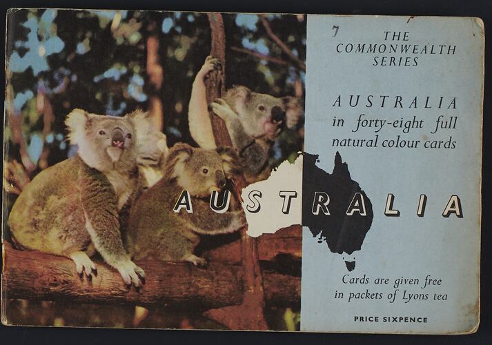 Card album, front cover in colour, three koalas and text on blue.