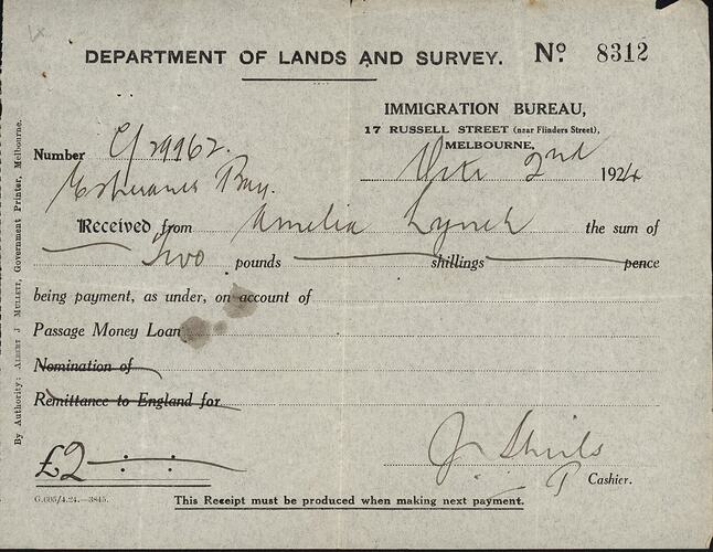 Receipt - Loan Repayment, Department of Lands and Survey, Immigration Bureau, Melbourne 1924