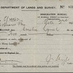 Receipt - Loan Repayment, Amelia Lynch, Department of Lands and Survey, Immigration Bureau, Melbourne 1924