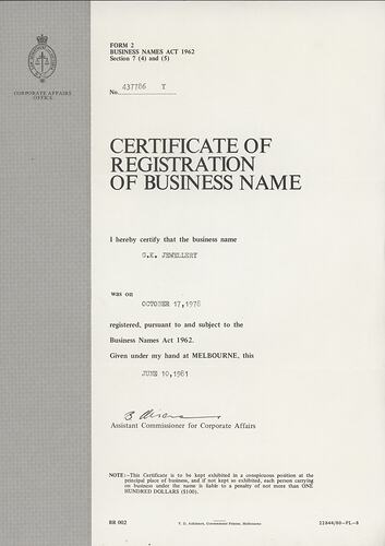 Certificate - Registration of Business Name, G. K. Jewellery, Melbourne, 10 Jun 1981