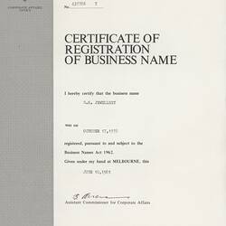 Certificate - Registration of Business Name, G. K. Jewellery, Melbourne, 10 Jun 1981