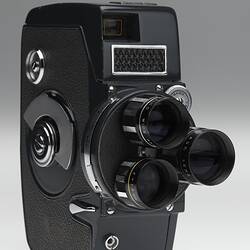 Side of dark blue plastic camera.