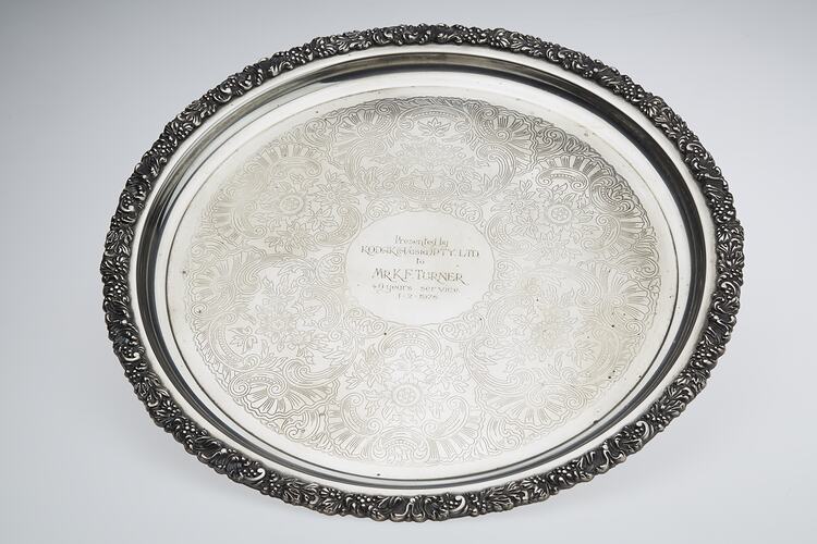 Engraved silver tray.