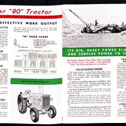 Open booklet, tractor and harvester images with red, black and green printing.