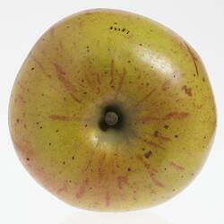 Wax model of an apple painted yellow with red flecks. Has brown stem. Top view.