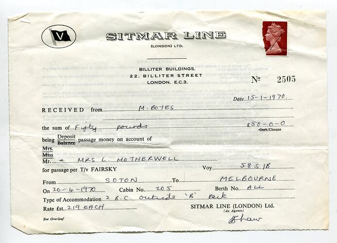 Receipt - Sylvia Boyes & Lindsay Motherwell, Sitmar Line, 15 Jan 1970