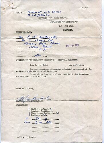 Letter - Department Of Immigration, Lindsay Motherwell, South Africa, 20 Sep 1967