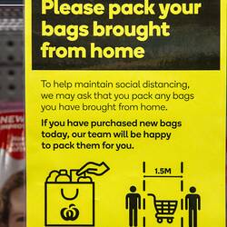 Digital Photograph - 'Please Pack Your Bags Brought From Home' Customer Notice, Close-up View, Woolworths, Blackburn South, 18 May 2020