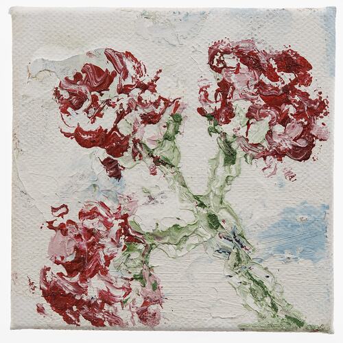 Three stylised red and pink flowers painted thickly on white canvas.