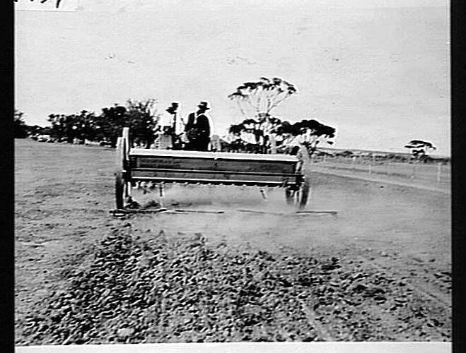 MODEL 25 TRACTOR HAULING 20 A SCARIFIER 8 FT 3 INCH `SUNFLOW' WITH SEEDING ATTACHMENT AND `SUNFLOW' HARROWS, E. FORBES, BROOKTON, W.A.: JAN 1937