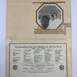 Open pamphlet, tractor image and text. Black and orange printing.