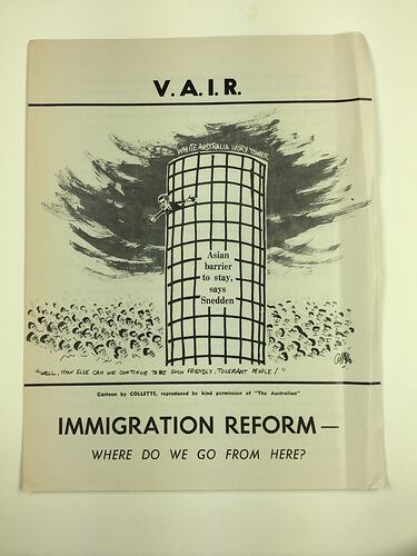 HT 56079, Pamphlet - Immigration Reform - Where Do We Go From Here?, Victorian Association for Immigration Reform, Melbourne, circa 1968 (MIGRATION), Document, Registered