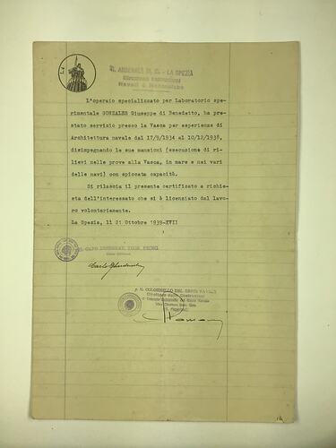 HT 56161, Employment Reference - Giuseppe Gonzales From Constructions Director, Naval & Mechanical, La Spezia, Italy, 21 Oct 1939 (MIGRATION), Document, Registered