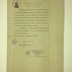 Employment Reference - Giuseppe Gonzales From Constructions Director, Naval & Mechanical, La Spezia, Italy, 21 Oct 1939