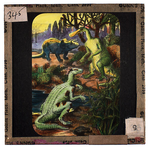 Lantern Slide - Universal Opportunity League, Three Dinosaurs