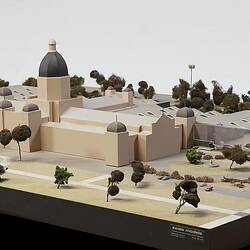Architectural model of Royal Exhibition Building, Carlton Gardens with fountains, carpark and annexes.