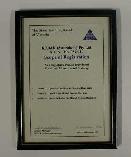 Certificate - Registered Private Provider 'Scope of Registration', Presented to Kodak Australasia Pty Ltd, 18 Nov 1994
