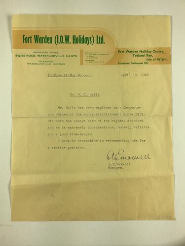 Off-white page with green printed letterhead, black typewritten text. Signed at bottom.