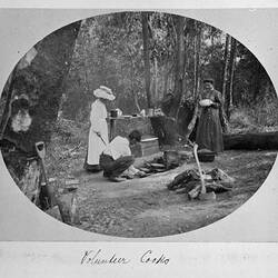 People cooking on a campfire in the bush.