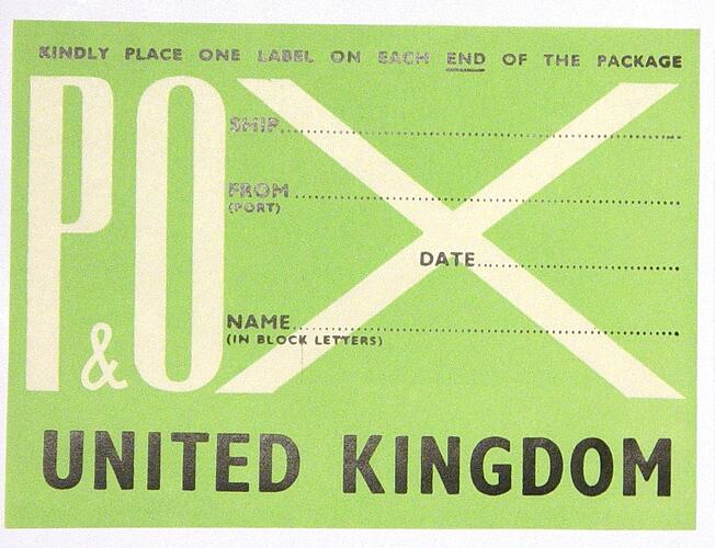 Blank printed baggage label, green with bold writing.