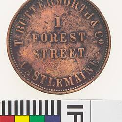 Token - 1 Penny, T. Butterworth & Co, Drapers, Grocers & General Provision Merchants, Castlemaine, Victoria, Australia, 1859