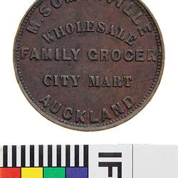 Token - 1 Penny, M. Somerville, Wholesale Family Grocer, Auckland, New Zealand, 1857