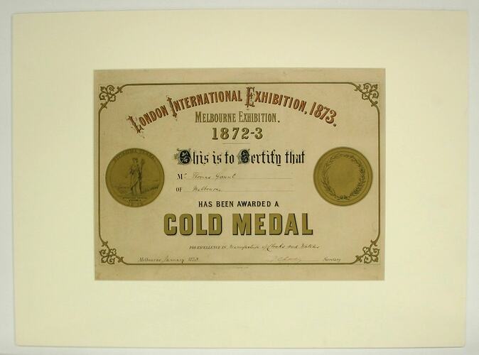 Gold medal certificate from the London International Exhibition 1873.