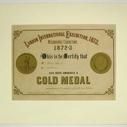 Certificate - Melbourne Exhibition, Awarded to Thomas Gaunt, 1872-73