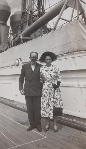 Digital Photograph - Man & Woman on  P & O Liner, 'Orontes', Station Pier, Port Melbourne, 1952