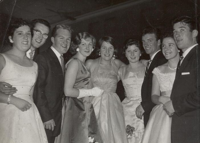 Digital Photograph - Five Women & Four Men at Ball, Royal Exhibition Building, Carlton, 1958