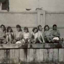 Digital Photograph - Four Girls & Five Boys Sitting on Pier, Port Melbourne, 1950