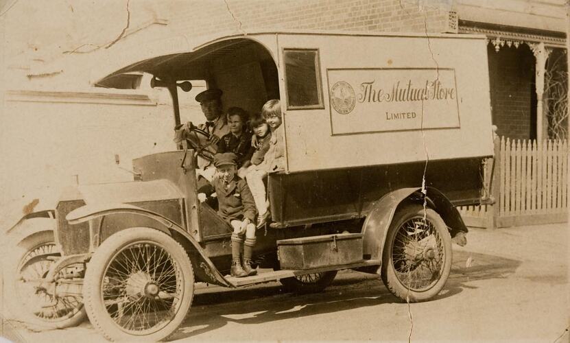 Digital Photograph - Man in Parcel Delivery Van with Local Children, Fitzroy, 1919