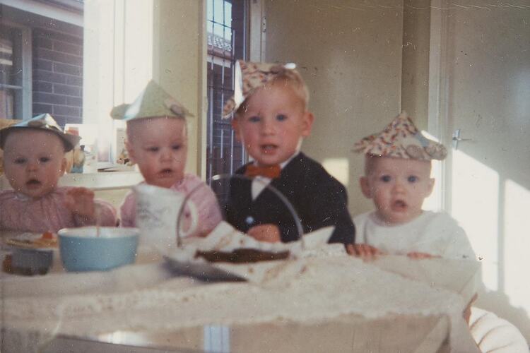 Digital Photograph - Four Babies at Table, 2nd Birthday Party, Dining Room, Gladstone Park, 1969
