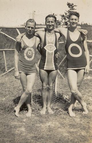 Digital Photograph - Three Men from Half Moon Bay & Brighton Life Saving Clubs, South Australian Life Saving Championship, Adelaide, 1936