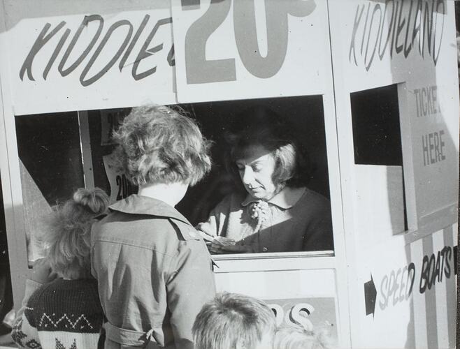 Digital Photograph - Children Buying Tickets at Kiddieland Ticket Booth, Royal Melbourne Show, Ascot Vale, 1972.