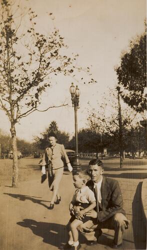 Digital Photograph - Man & Boy on Footpath, St Kilda Road, Melbourne, 1940