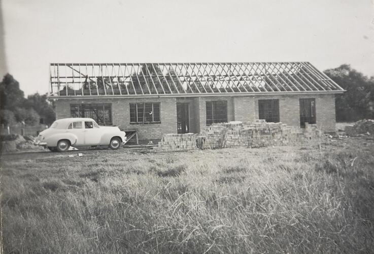 Digital Photograph - Brick Walls & Roof Frame 'Up', New House Building Site, Springvale, circa 1956