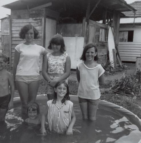 Digital Photograph - One Boy, Four Girls in Circular Wading Pool, Backyard, Ringwood, East, 1965
