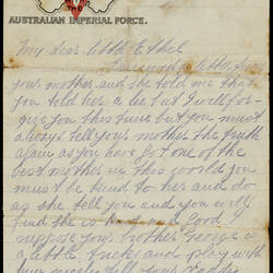 Letter - Private Albert Edward Kemp to Ethel Kemp, World War I, 7 Aug 1917