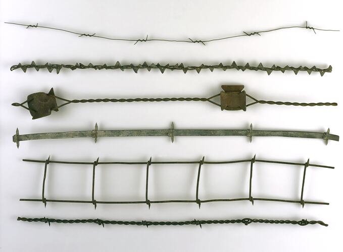 Six different samples of metal barbed wire.