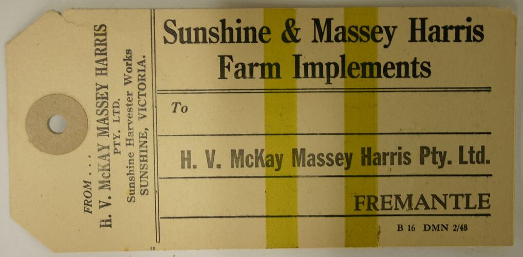 Cardboard tag printed on both sides with yellow and black ink.