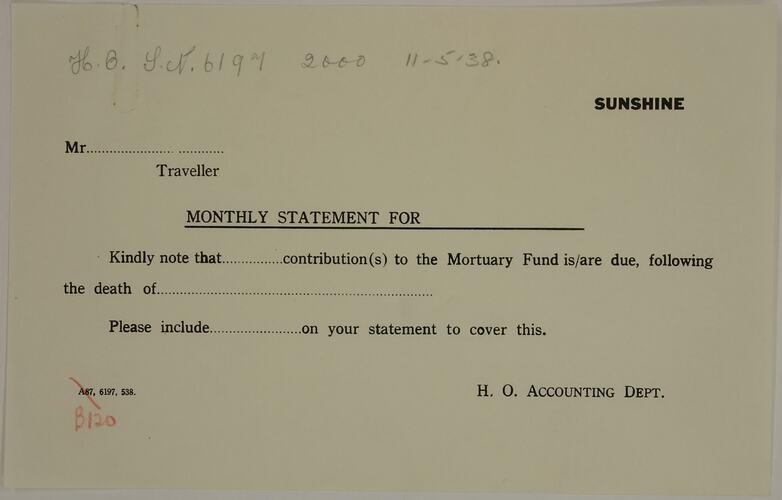 Form - H.V. McKay Massey Harris, 'Monthly Statement...', Notice of Mortuary Fund Contribution, 1938