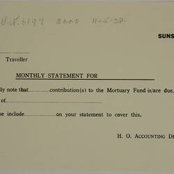 Form - H.V. McKay Massey Harris, Notice of Mortuary Fund Contribution, 1938