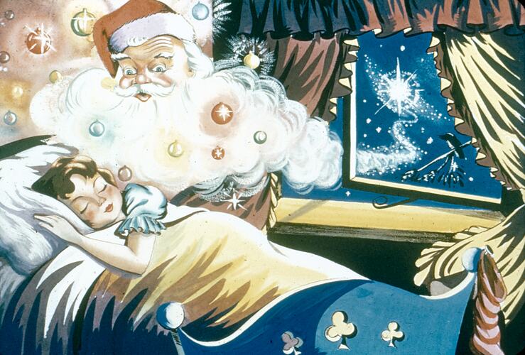 Santa Claus with sleeping girl, circa 1950s. Cartoon slide.