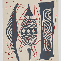Card printed with Aboriginal motif of men dancing and shields.