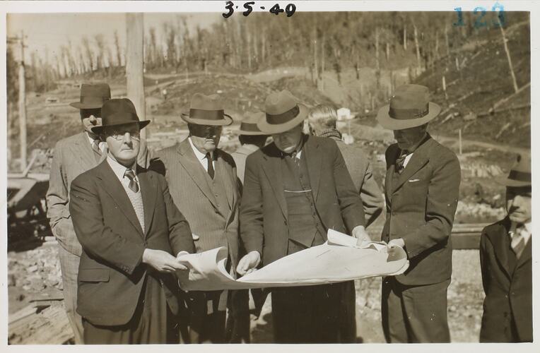 Photograph - State Electricity Commission, Group of Men with Building Plans, Victoria, May 1940